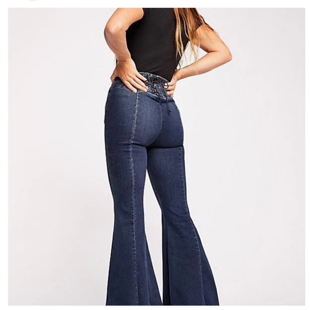 We The Free People Ma Cherie Flare Jeans - Dark Blue Lace Up Back - Picture 2 of 8